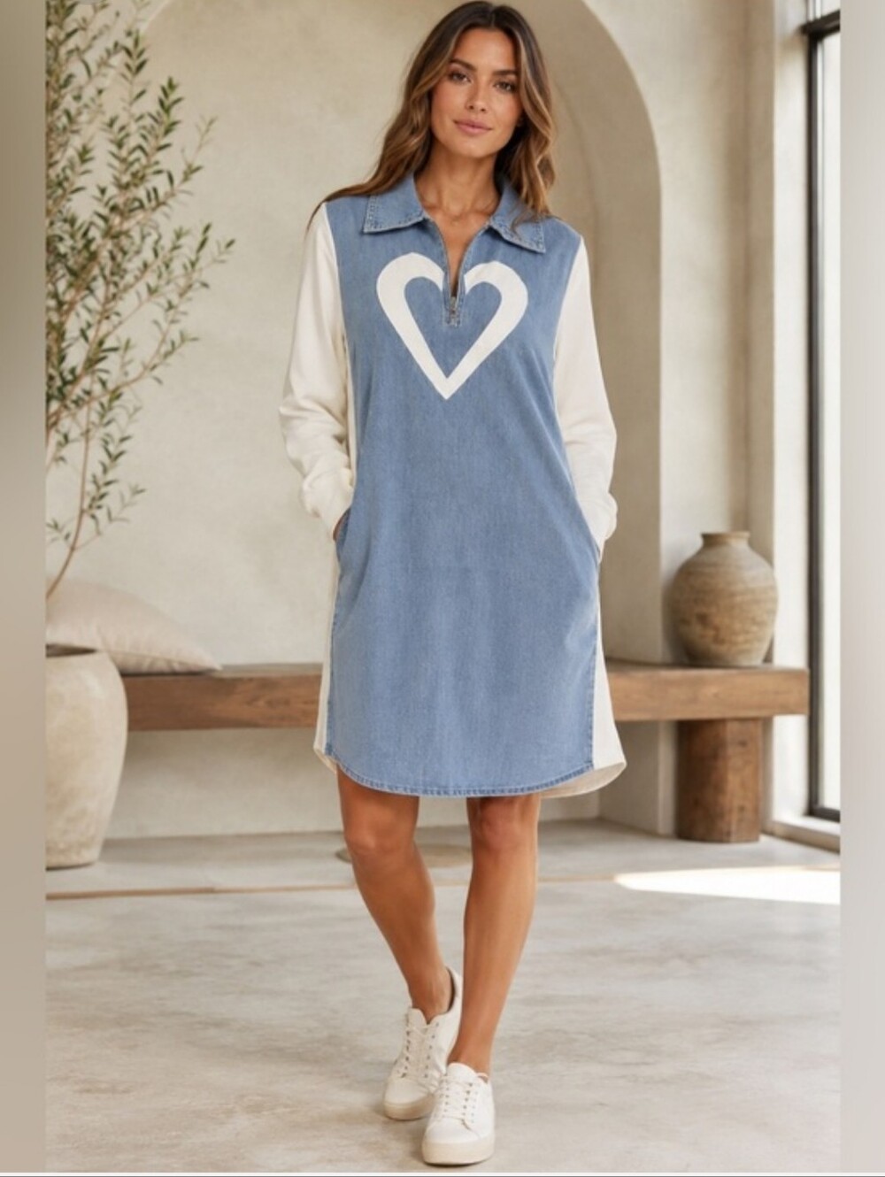 Casual Heart-Front Denim Shift Dress in Light Blue and Cream